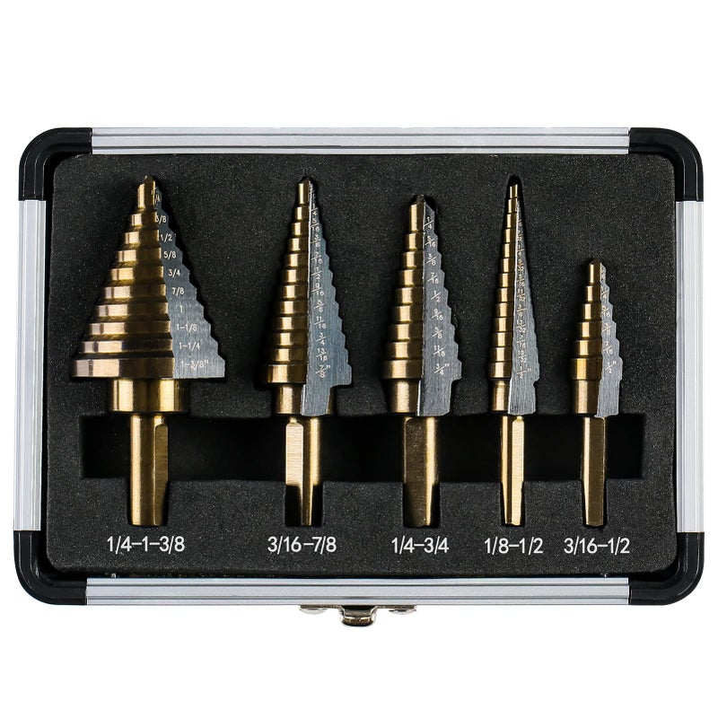 IRONANT Step Drill Bits, 5PCS HSS Titanium Step Drill Bit Set, 50 Sizes High Speed Steel Step Bits for Metal with Aluminum Case - Image 1